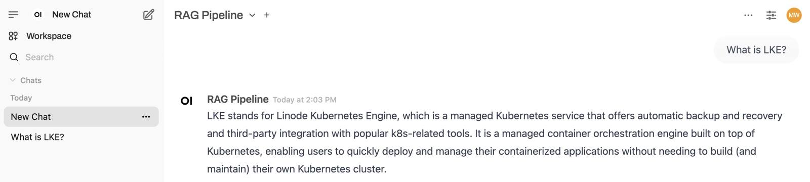 Screenshot of a RAG Pipeline query in Open WebUI Screenshot of a RAG Pipeline query in Open WebUI