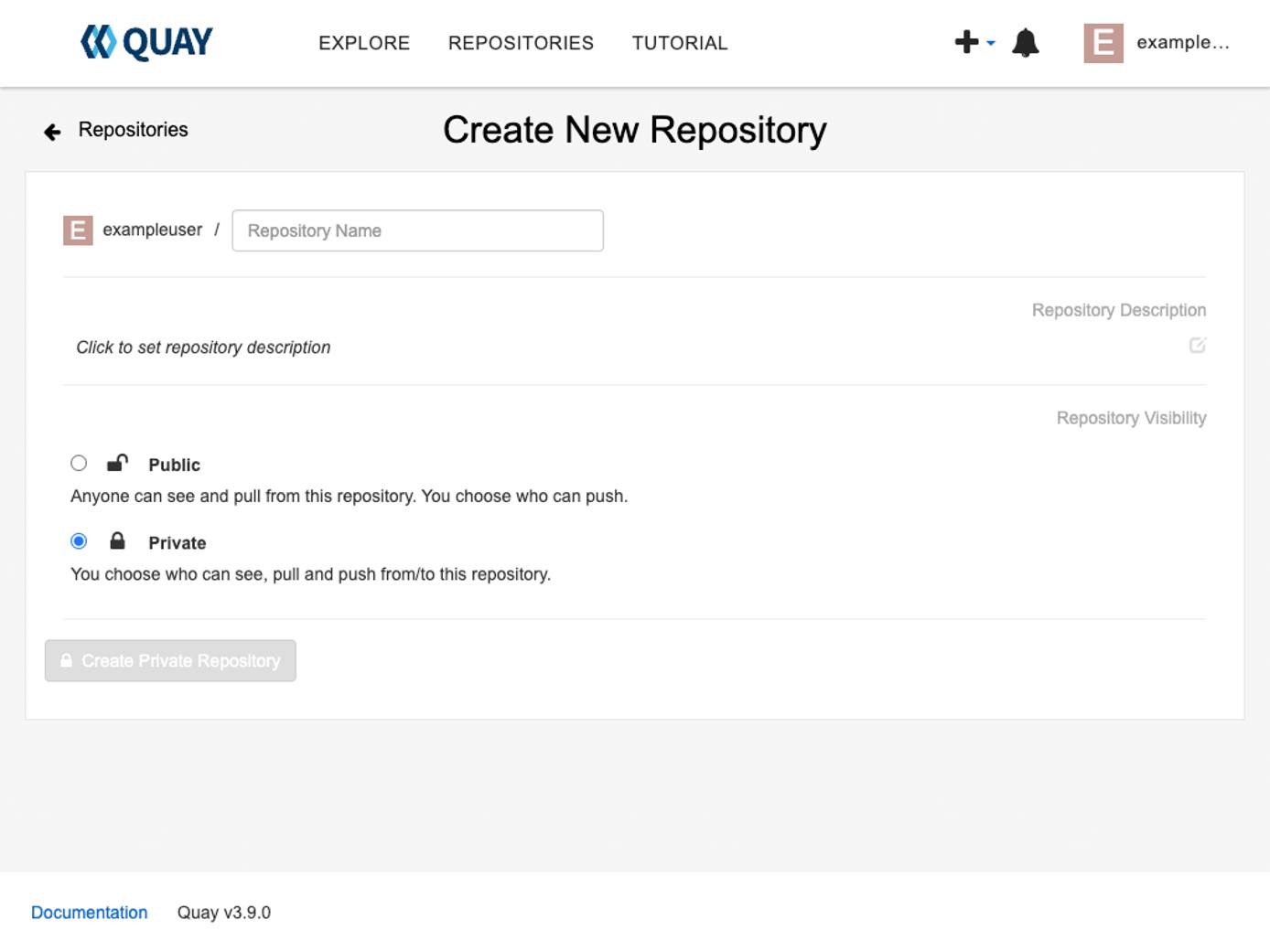 The Project Quay create repositories screen The Project Quay create repositories screen