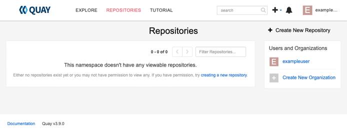 The Project Quay new user empty repositories screen The Project Quay new user empty repositories screen