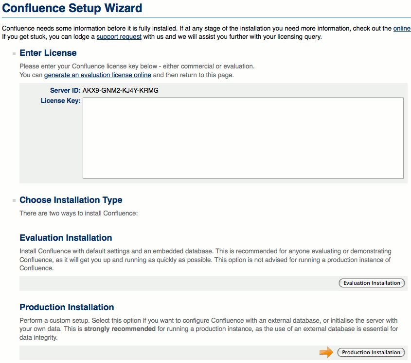 Confluence license input screen. Confluence license input screen.