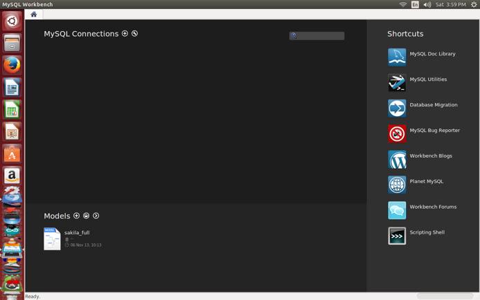 MySQL Workbenchs home screen immediately after installation. MySQL Workbenchs home screen immediately after installation.