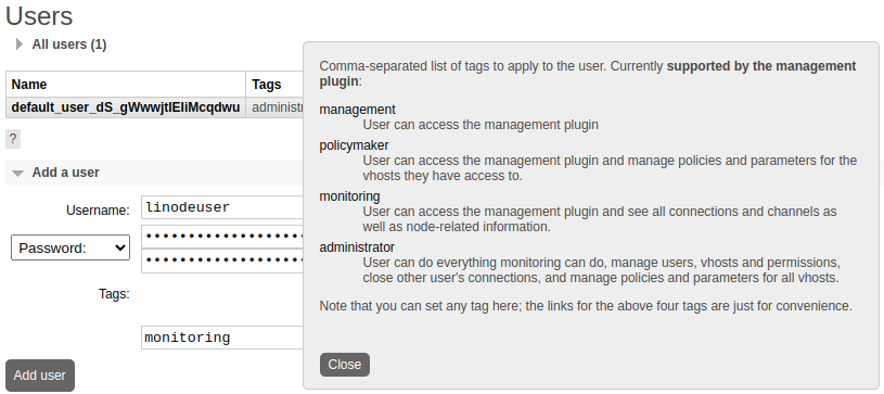 The Add User form in the RabbitMQ web interface, allowing input for username, password, and permission tags. The Add User form in the RabbitMQ web interface, allowing input for username, password, and permission tags.