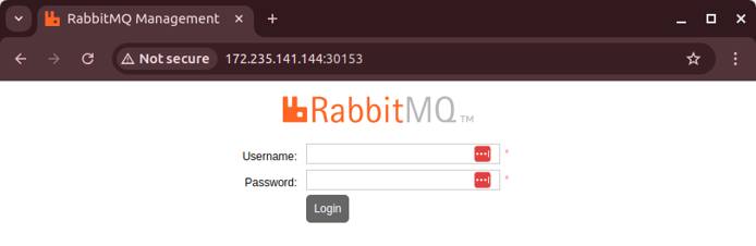 RabbitMQ management GUI displayed in a web browser, showing the login page. RabbitMQ management GUI displayed in a web browser, showing the login page.