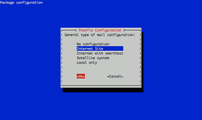 Selecting the Postfix mail server configuration type on a Debian 5.0 (Lenny) Linode. Selecting the Postfix mail server configuration type on a Debian 5.0 (Lenny) Linode.
