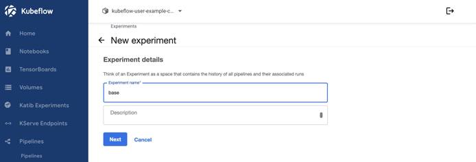 Screenshot of the New Experiment page within Kubeflow Screenshot of the New Experiment page within Kubeflow