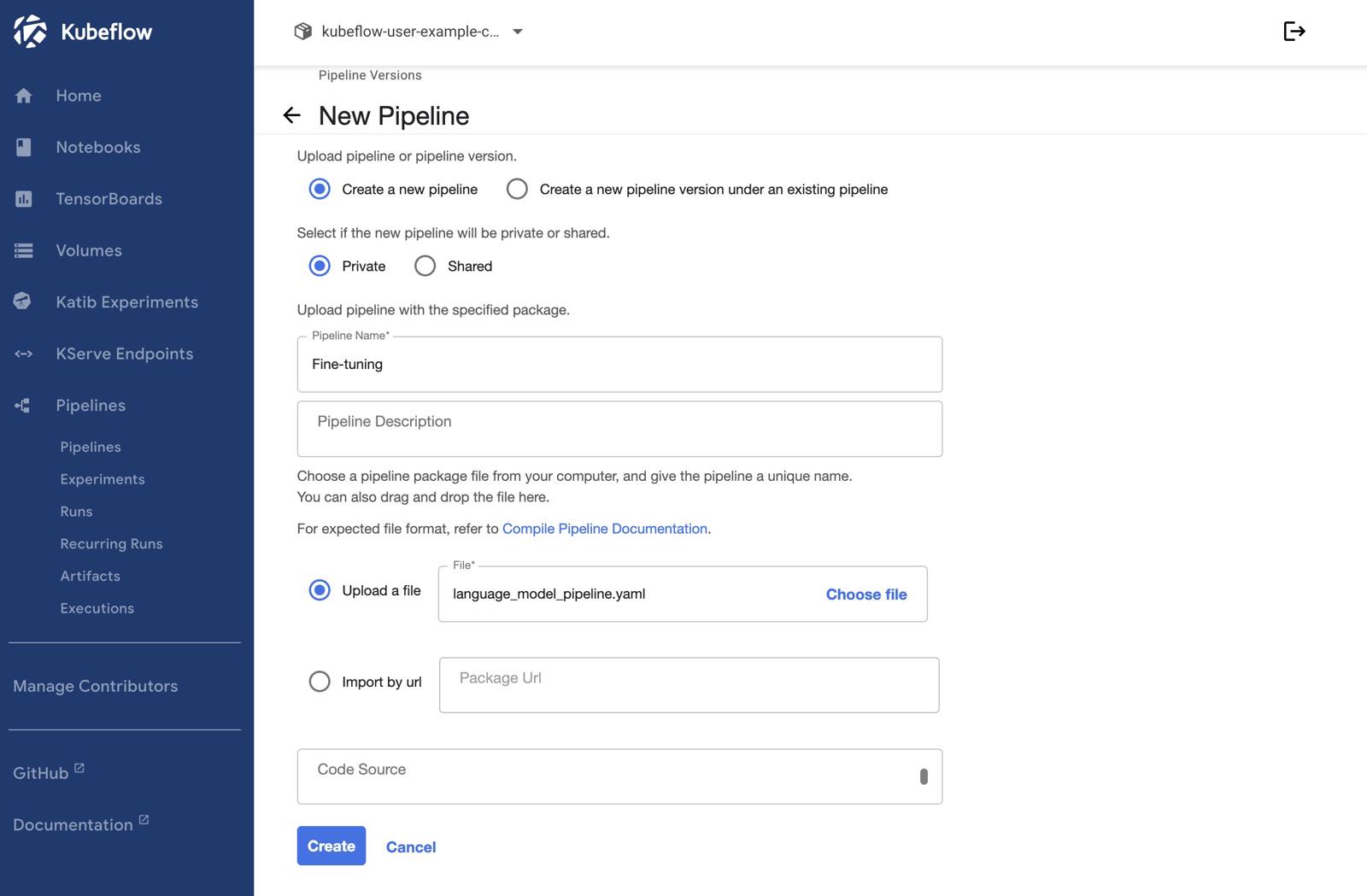 Screenshot of the New Pipeline page within Kubeflow Screenshot of the New Pipeline page within Kubeflow