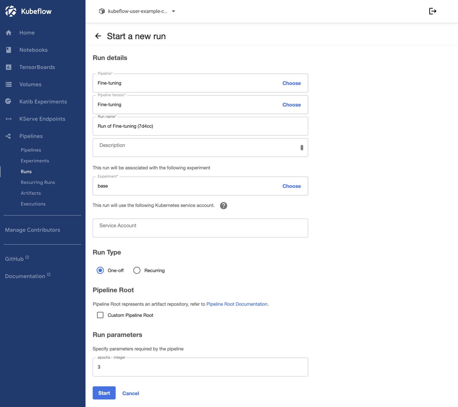 Screenshot of the Start a new run page within Kubeflow Screenshot of the Start a new run page within Kubeflow