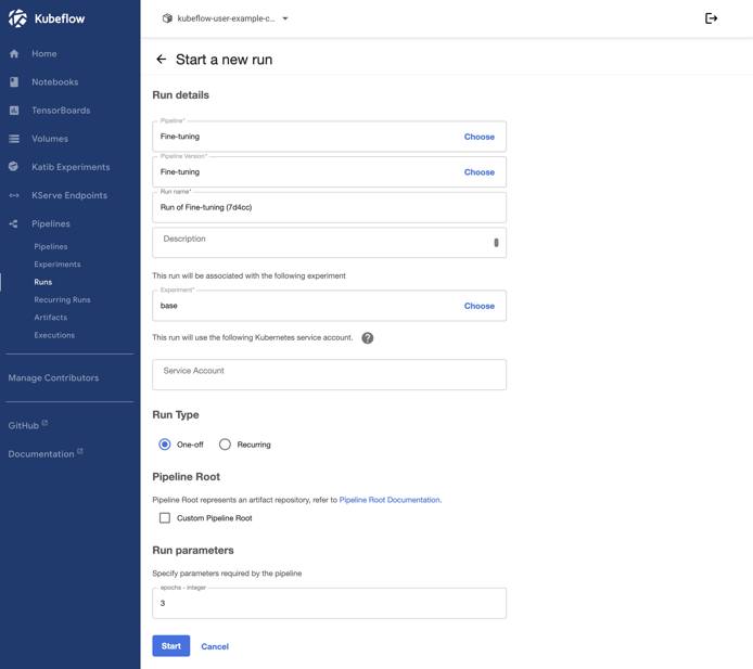 Screenshot of the Start a new run page within Kubeflow Screenshot of the Start a new run page within Kubeflow