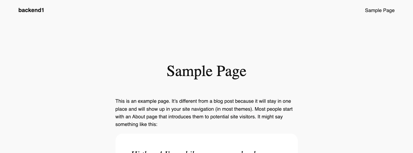 The 2024 default WordPress Sample Page served from backend1. The 2024 default WordPress Sample Page served from backend1.