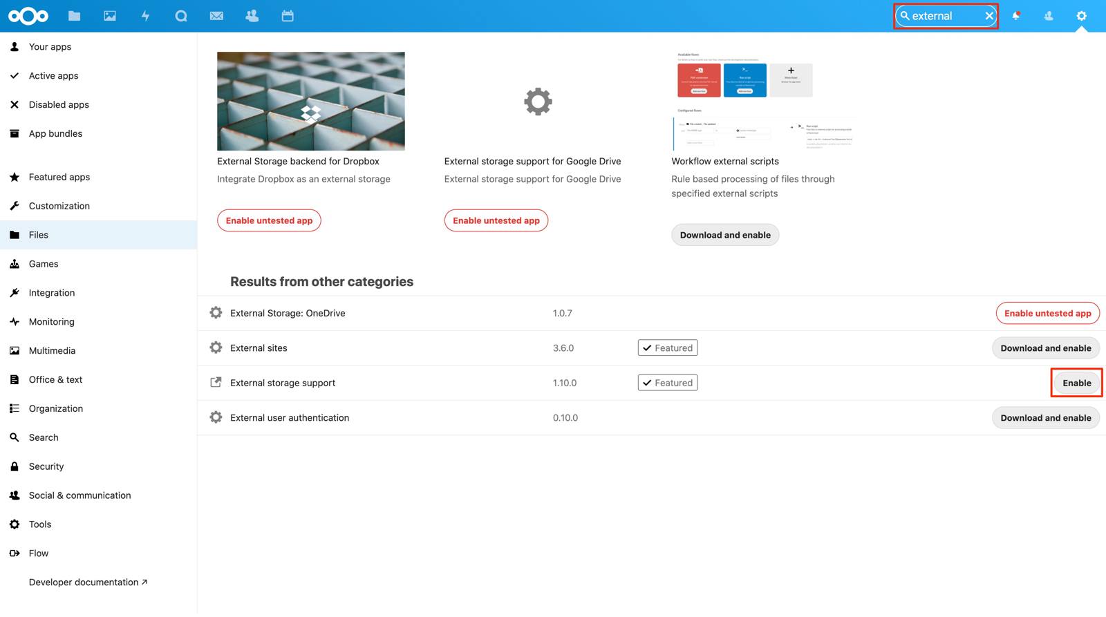 Enable the external storage support app. Enable the external storage support app.