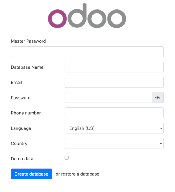 Odoo 13 Initial Screen Odoo 13 Database Screen