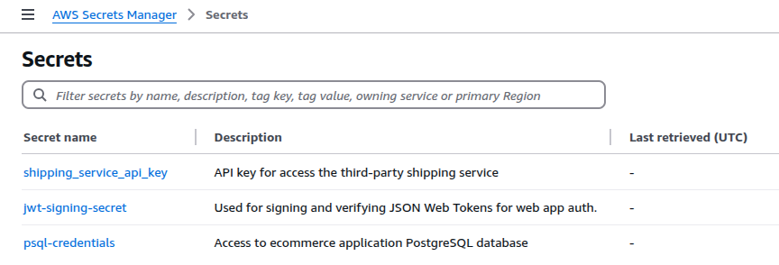 AWS Secrets Manager showing list of stored secrets. AWS Secrets Manager showing list of stored secrets.