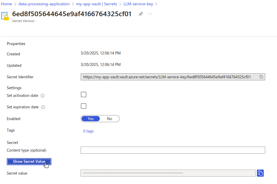 Azure Key Vault UI showing how to view the value of a selected secret. Azure Key Vault UI showing how to view the value of a selected secret.