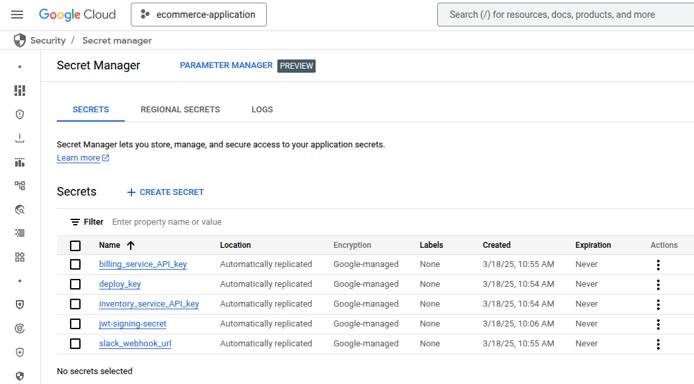 GCP Secret Manager UI showing list of stored secrets. GCP Secret Manager UI showing list of stored secrets.