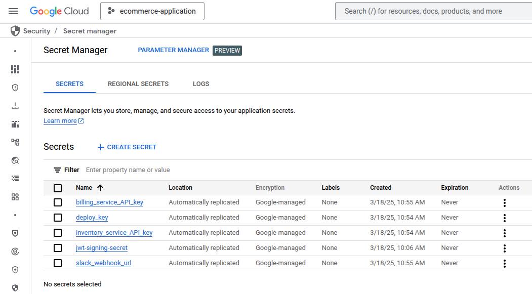 GCP Secret Manager UI showing list of stored secrets. GCP Secret Manager UI showing list of stored secrets.