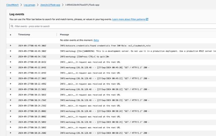 Example of CloudWatch logs with INFO level log entries for a Flask application. Example of CloudWatch logs with INFO level log entries for a Flask application.