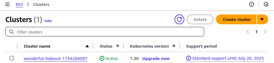 The EKS service page in the AWS Console showing the example cluster name. The EKS service page in the AWS Console showing the example cluster name.