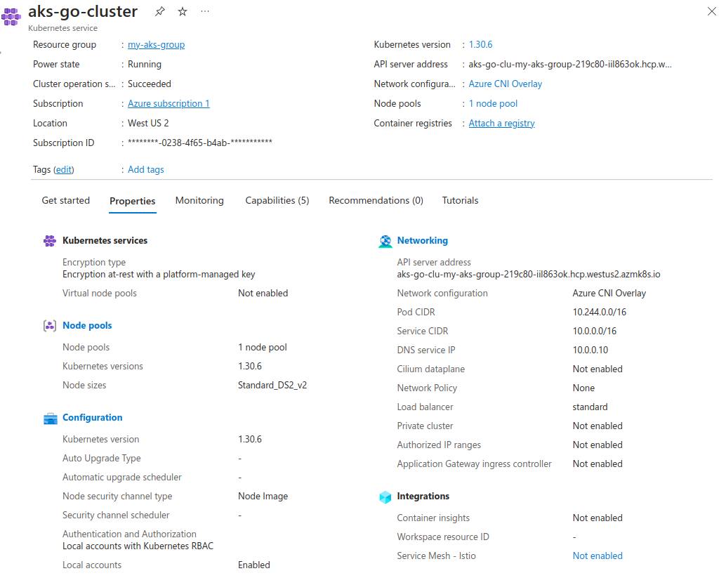 Azure portal displaying detailed overview information for an AKS cluster. Azure portal displaying detailed overview information for an AKS cluster.