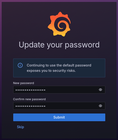 Grafana user interface prompting for a new password after the first login. Grafana user interface prompting for a new password after the first login.