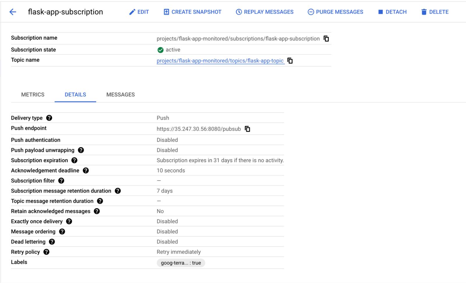 The GCP Pub/Sub Console UI showing current topic subscribers. The GCP Pub/Sub Console UI showing current topic subscribers.