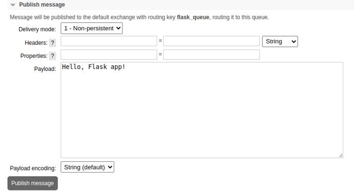 The RabbitMQ interface showing how to publish a message to a queue. The RabbitMQ interface showing how to publish a message to a queue.
