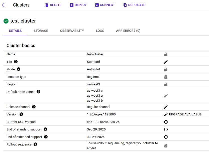 Google Cloud console displaying detailed information about a GKE cluster. Google Cloud console displaying detailed information about a GKE cluster.