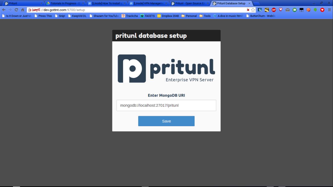 Pritunl DB setup screen Pritunl DB setup screen