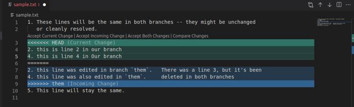 An example Git merge conflict in the VS Code text editor. An example Git merge conflict in the VS Code text editor.