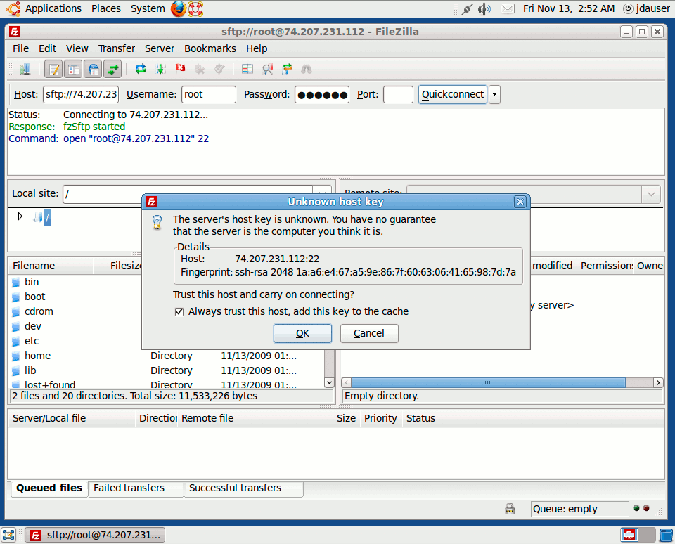 Unknown SSH key warning in Filezilla on Ubuntu 9.10 desktop edition. Unknown SSH key warning in Filezilla on Ubuntu 9.10 desktop edition.
