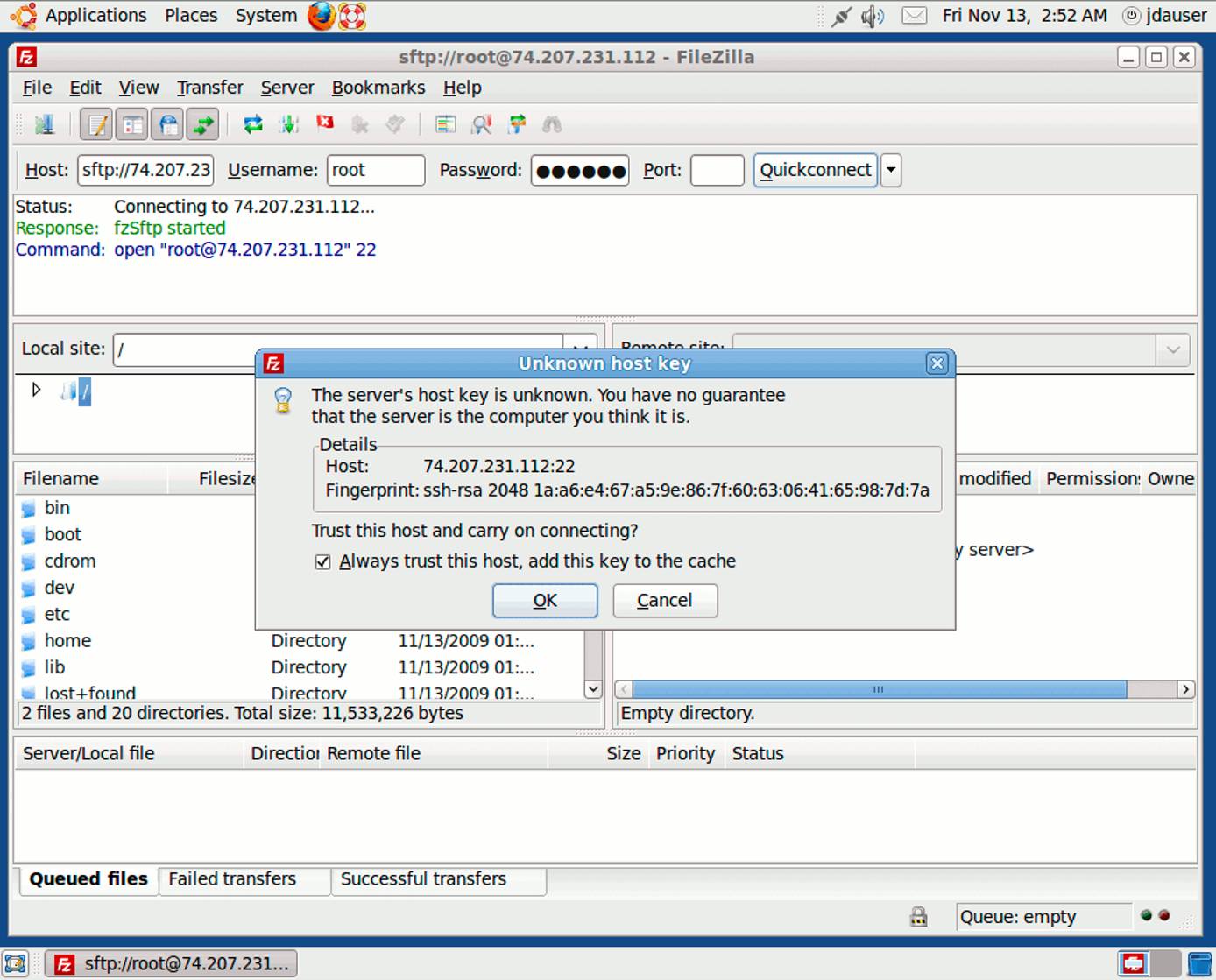 Unknown SSH key warning in Filezilla on Ubuntu 9.10 desktop edition. Unknown SSH key warning in Filezilla on Ubuntu 9.10 desktop edition.
