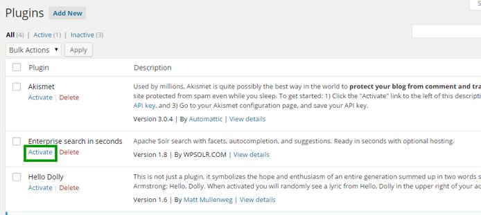Activate WPSolr plugin Activate WPSolr plugin