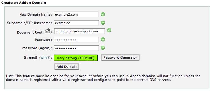 cPanel addon domain screen. cPanel addon domain screen.