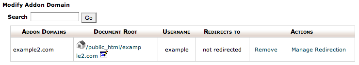 cPanel addon domain screen. cPanel addon domain screen.