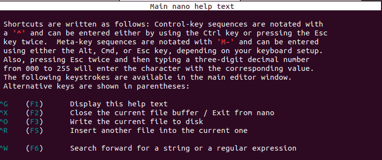 Nano help menu options. nano help menu options