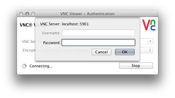 The VNC password prompt. The VNC password prompt.