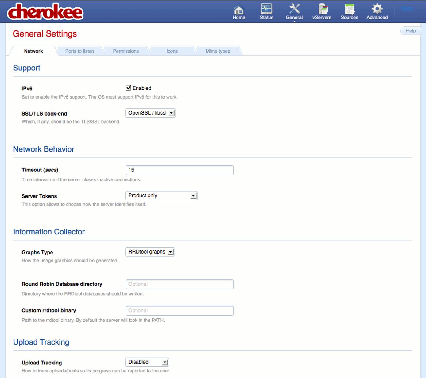 Network tab on the general page of the Cherokee admin panel on Fedora 13. Network tab on the general page of the Cherokee admin panel on Fedora 13.