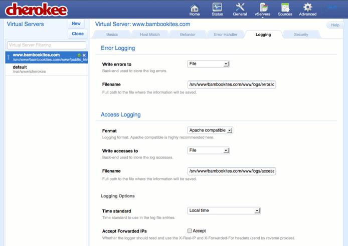 Specifying logging settings on the Logging tab of the vServers page of the Cherokee admin panel on Fedora 13. Specifying logging settings on the Logging tab of the vServers page of the Cherokee admin panel on Fedora 13.