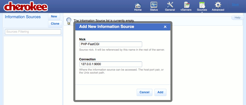 Creating a new information source on the Sources page of the Cherokee admin panel on Fedora 13. Creating a new information source on the Sources page of the Cherokee admin panel on Fedora 13.