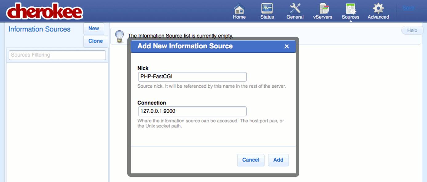 Creating a new information source on the Sources page of the Cherokee admin panel on Fedora 13. Creating a new information source on the Sources page of the Cherokee admin panel on Fedora 13.
