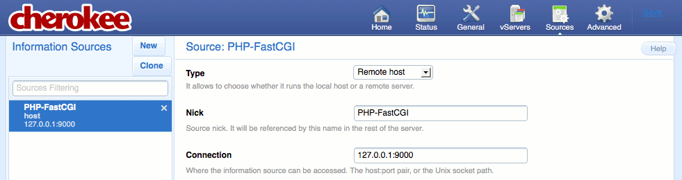 A newly created information source on the Sources page of the Cherokee admin panel on Fedora 13. A newly created information source on the Sources page of the Cherokee admin panel on Fedora 13.