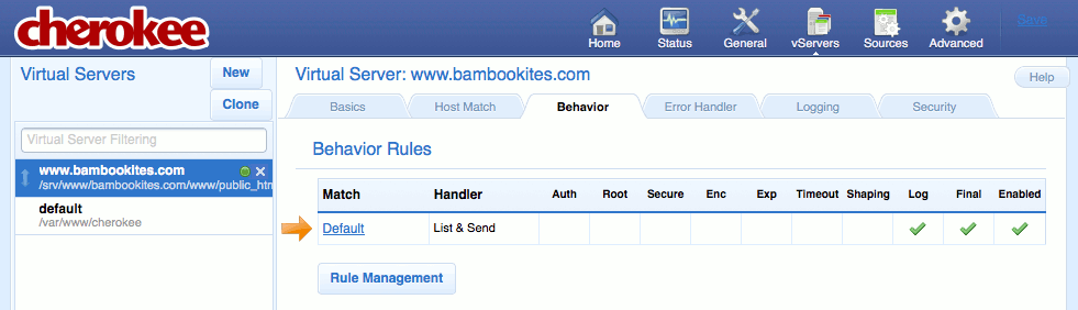 The Behavior tab on the vServers page of the Cherokee admin panel on Fedora 13. The Behavior tab on the vServers page of the Cherokee admin panel on Fedora 13.