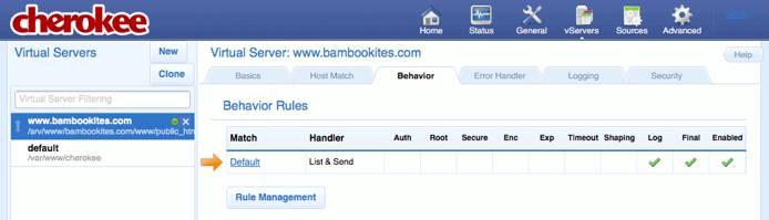 The Behavior tab on the vServers page of the Cherokee admin panel on Fedora 13. The Behavior tab on the vServers page of the Cherokee admin panel on Fedora 13.