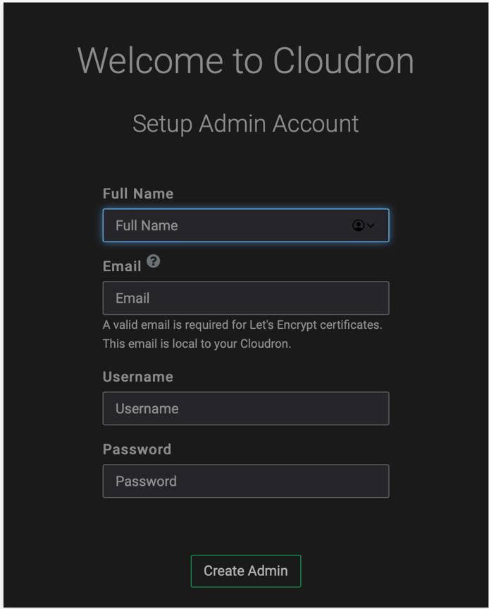 Cloudron Setup Admin Account Cloudron Setup Admin Screen