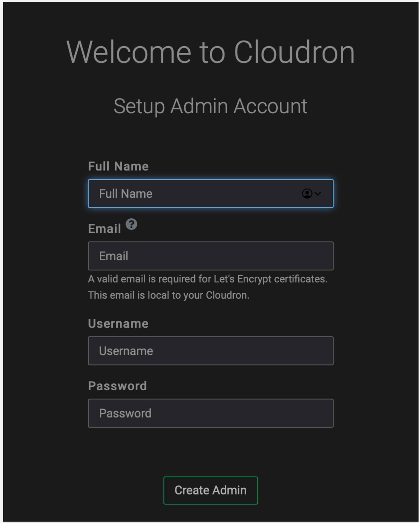 Cloudron Setup Admin Account Cloudron Setup Admin Screen