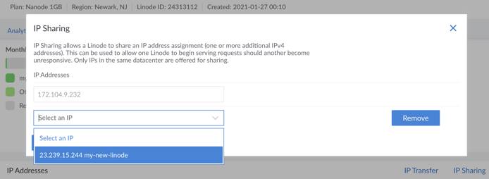 Select a Linode to share an IP address with. Select a Linode to share an IP address with.