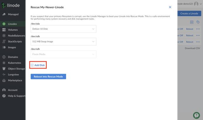 Cloud Manager Rescue form - Add Disk highlighted Cloud Manager Rescue form - Add Disk highlighted