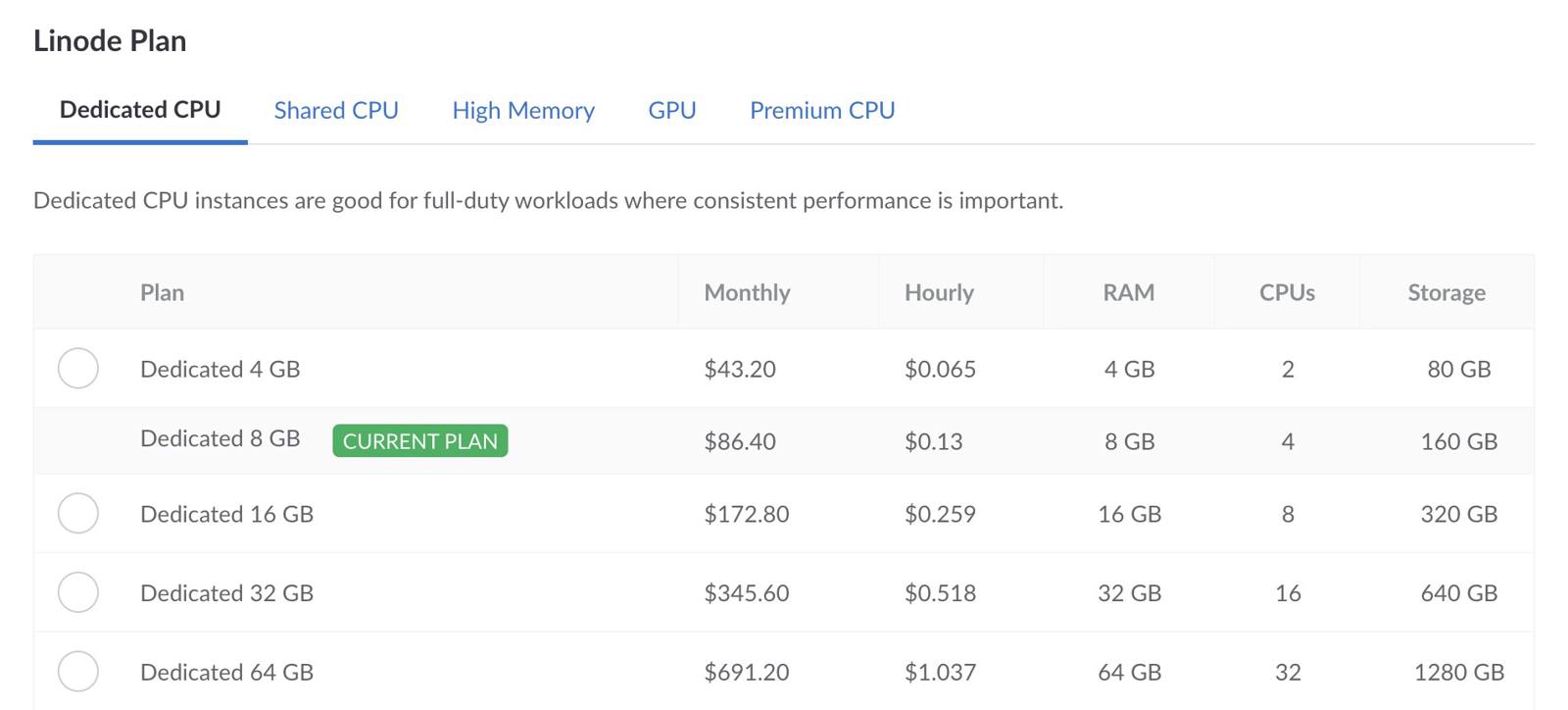 The Resize Linode panel in Cloud Manager The Resize Linode panel in Cloud Manager