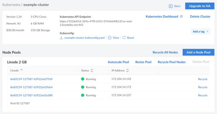 Screenshot of a Kubernetes cluster detail page in Cloud Manager Screenshot of a Kubernetes cluster detail page in Cloud Manager