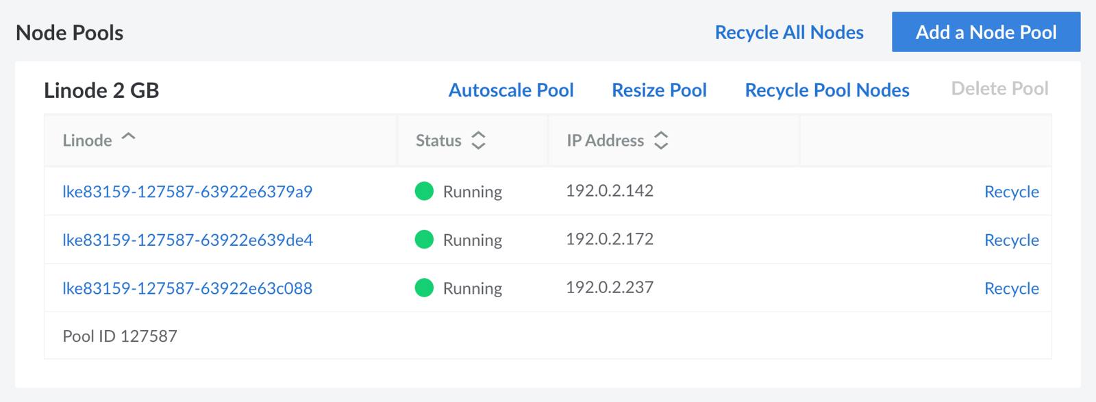 Screenshot of the Node Pools section of a cluster in Cloud Manager Screenshot of the Node Pools section of a cluster in Cloud Manager