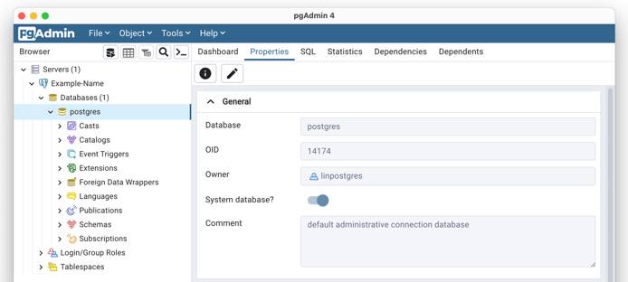 Screenshot of the browser window in pgAdmin 4 Screenshot of the browser window in pgAdmin 4